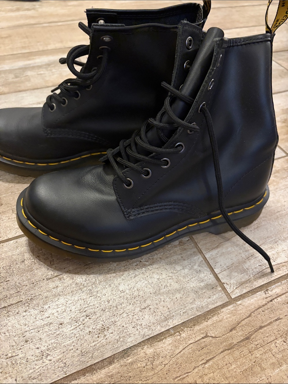 Dr. Martens Black Leather Lace-Up Boots with Yellow Stitching